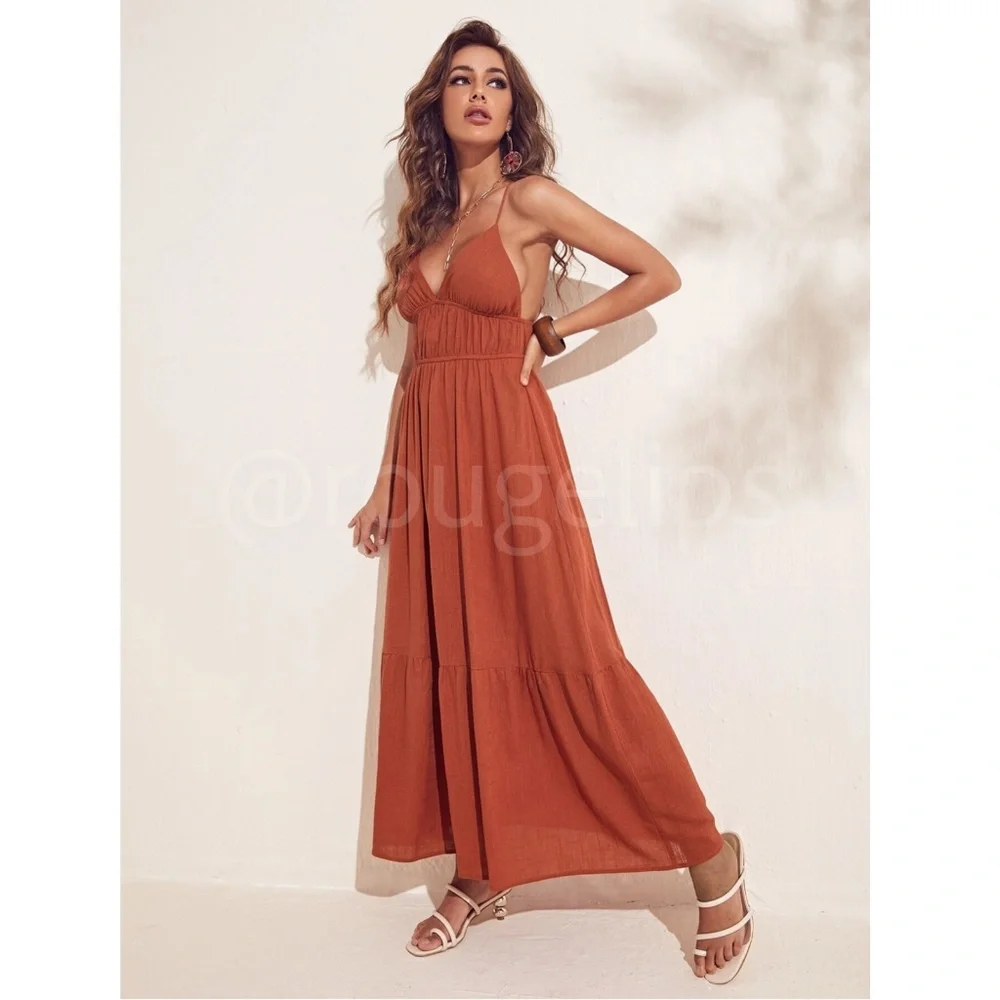Burnt Orange Cami V-Neck Backless Criss Cross Straps Maxi Dress - Picture 5 of 12